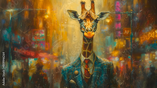 Sophisticated giraffe in a tailored suit, accessorized with a pocket watch chain photo