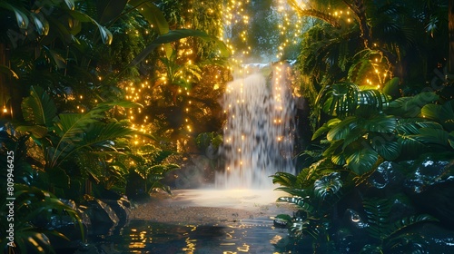 An ethereal waterfall surrounded by glowing plants in a luminous, surreal jungle, shot in 8K © Love Mohammad