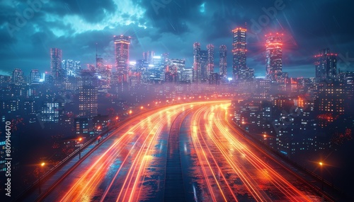 A city street with a long, empty highway with a bright orange glow by AI generated image © chartchai