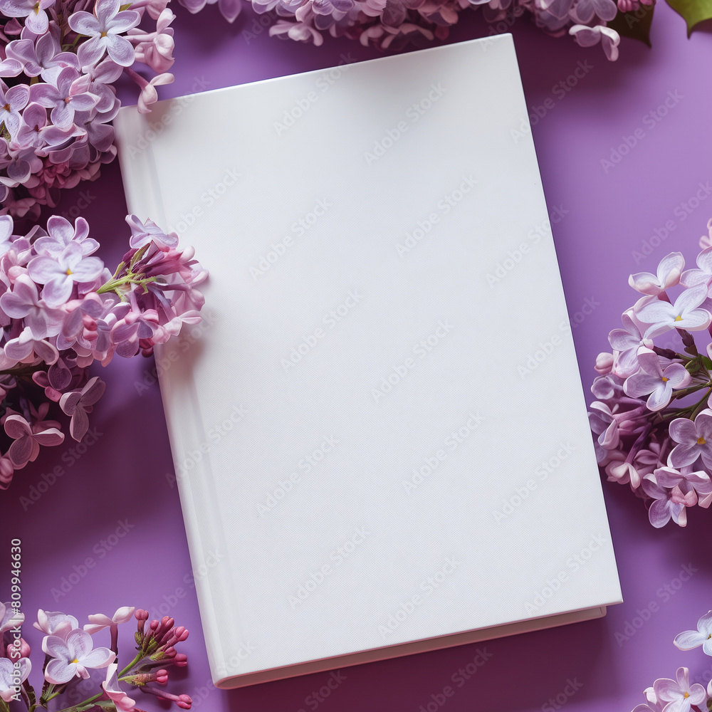 Mockup of a new book with blank white cover in modern neat style on purple lilac flowers and plain pink background. Square template for social media post for books and flowers. Mockup of a new book with blank white cover in modern neat style on purple lilac flowers and plain pink background. Square template for social media post for books and flowers.