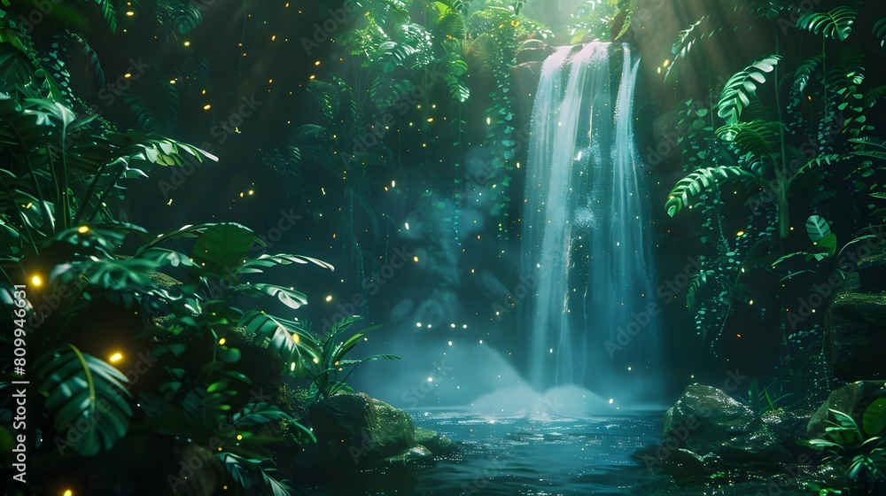 An ethereal waterfall surrounded by glowing plants in a luminous, surreal jungle, shot in 8K