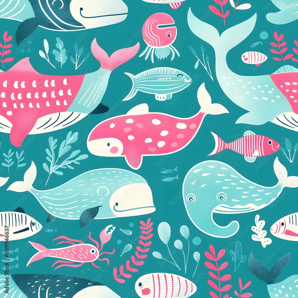whales and fish pattern in turquoise with pink accents whales and fish pattern in turquoise with pink accents