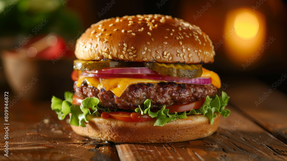 Close-up of a juicy cheeseburger with fresh lettuce, tomato, onion, pickles, and sesame bun in a cozy ambiance with warm lighting Close-up of a juicy cheeseburger with fresh lettuce, tomato, onion, pickles, and sesame bun in a cozy ambiance with warm lighting
