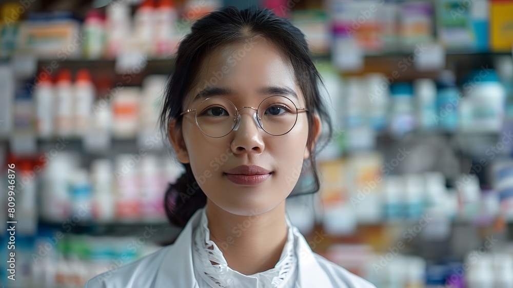 Asian female pharmacist in a pharmacy, wearing glasses and a white outfit. Asian female pharmacist in a pharmacy, wearing glasses and a white outfit.