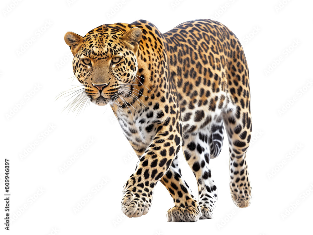A spotted leopard, a wild big cat with black rosettes on its fur, stands isolated against a white background A spotted leopard, a wild big cat with black rosettes on its fur, stands isolated against a white background
