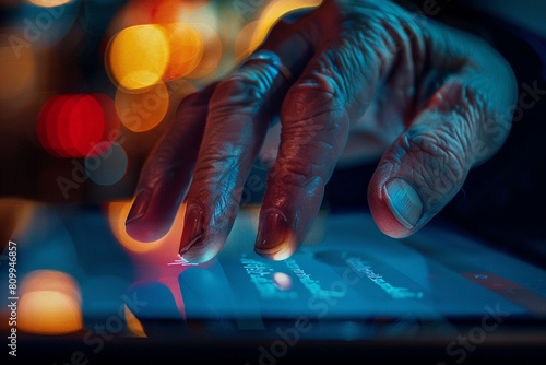 Macro of a businessperson's hand rejecting offers on a digital tablet during a market crash  photo