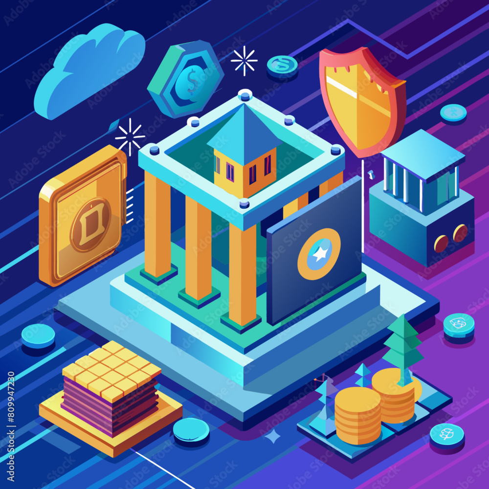 Online banking security. Digital safe and encrypted transactions. Fintech and finance technology. Low poly vector illustration with 3D effect on bank interior background.1