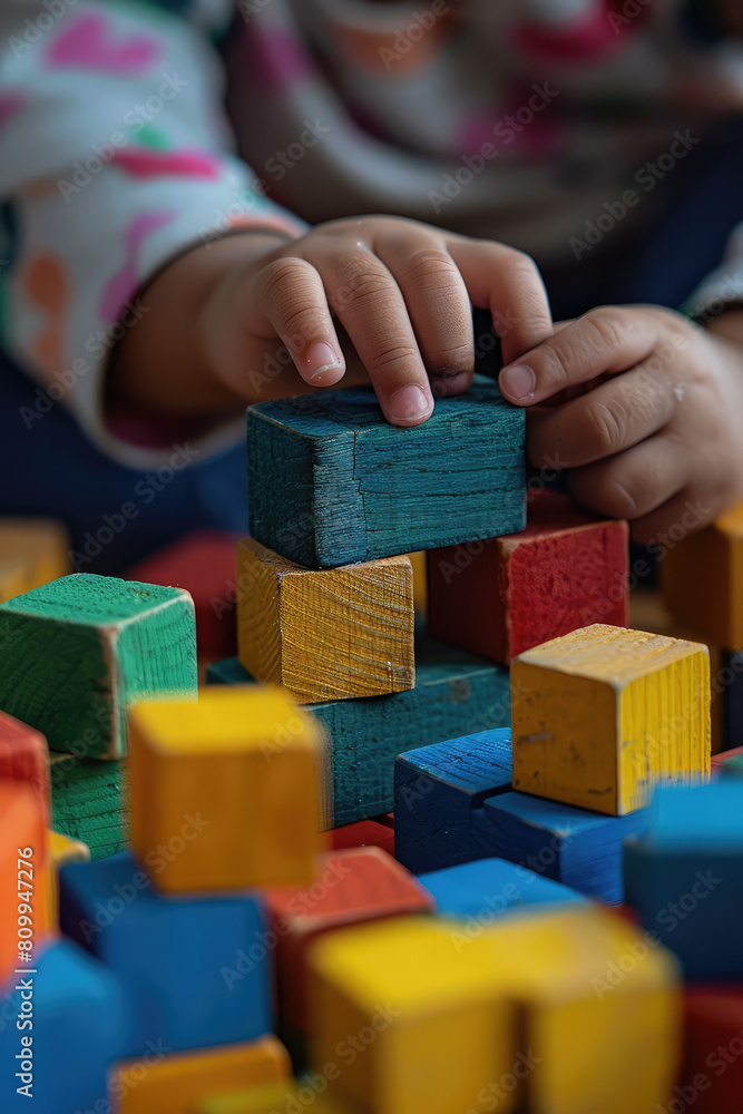 Close up detail of kid hands playing with colored wooden blocks in a kindergarten or baby room. Early development for children, fine motor skills. Close up detail of kid hands playing with colored wooden blocks in a kindergarten or baby room. Early development for children, fine motor skills.