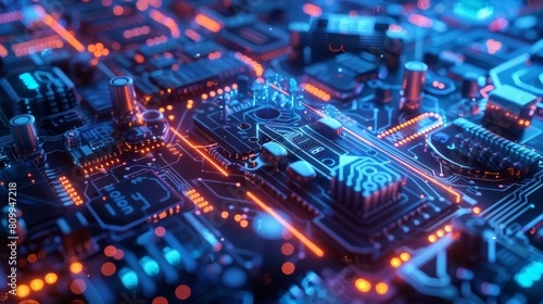 A close up of a computer circuit board with orange and blue lights.