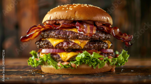 Delicious double cheeseburger with crispy bacon, fresh lettuce, tomato, and onions on a rustic wooden table setting