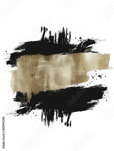 A black and white painting featuring a striking gold stripe running horizontally across the center