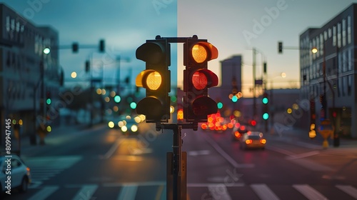 An image contrasting an older-style traffic signal with a modern, high-tech one on the same intersection photo