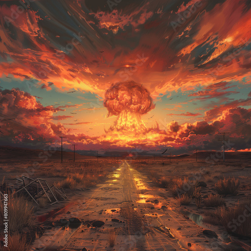 Paisaje punk atómico post apocalíptico y en el horizonte una nube en forma de hongo de una explosión nuclear