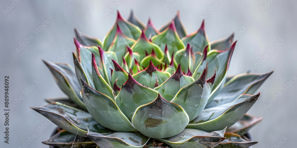 Fototapeta premium Closeup small green agave plant in a pot on minimal interior Background, copy space.