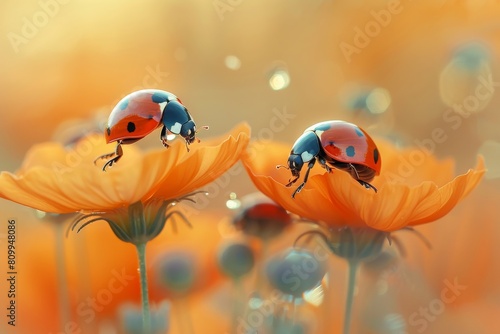 Two ladybugs are on a flower