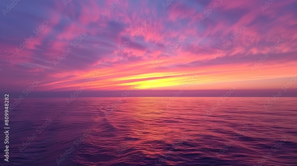 A vibrant sunset painting the sky in streaks of orange, purple, and pink, reflected in the calm ocean water