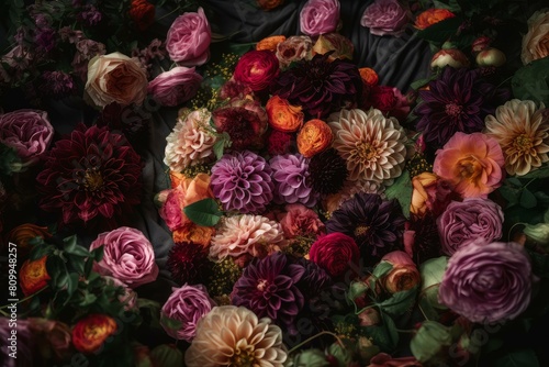 The enigmatic and artful floral tapestry with a vibrant mixed arrangement of flowers. Featuring a variety of blooming roses. Dahlias. And lush botanical patterns