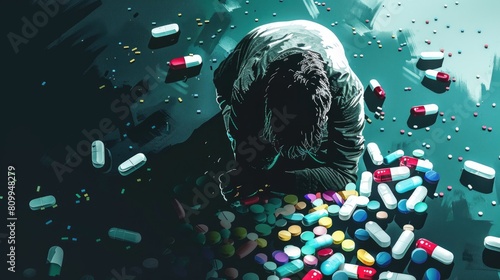 A man surrounded by pills and confetti. Suitable for medical or party concepts photo