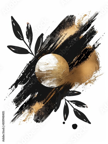 An abstract painting featuring black and gold tones with intricate leaf designs