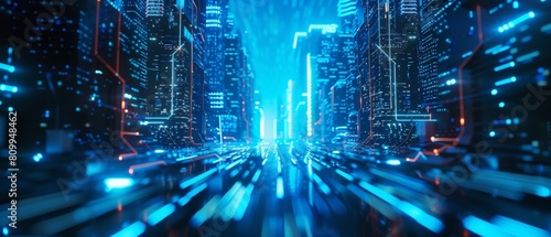 A futuristic city with blue glowing skyscrapers and a bright light in the center.