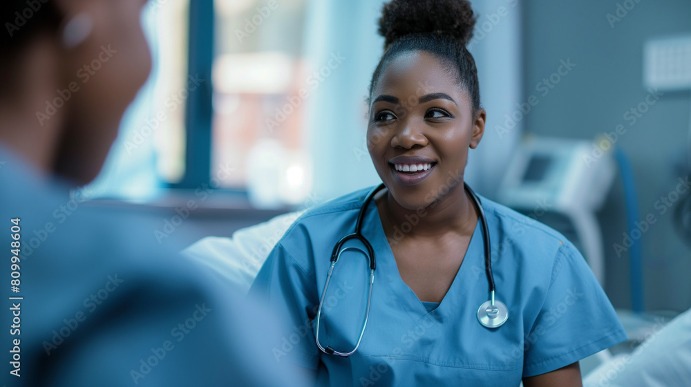 Smiling Black Female Nurse Speaking to a Patient in Hospital
Smiling Black Female Nurse Speaking to a Patient in Hospital