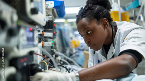 Focused Black Female Technician Repairing Equipment in Laboratory
