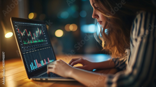 Woman analyzing financial data on a laptop at night