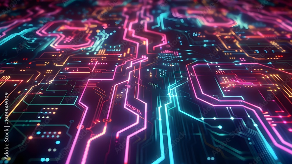 An intricate network of neon circuit lines overlaid on a dark background, resembling a futuristic motherboard, in 8K