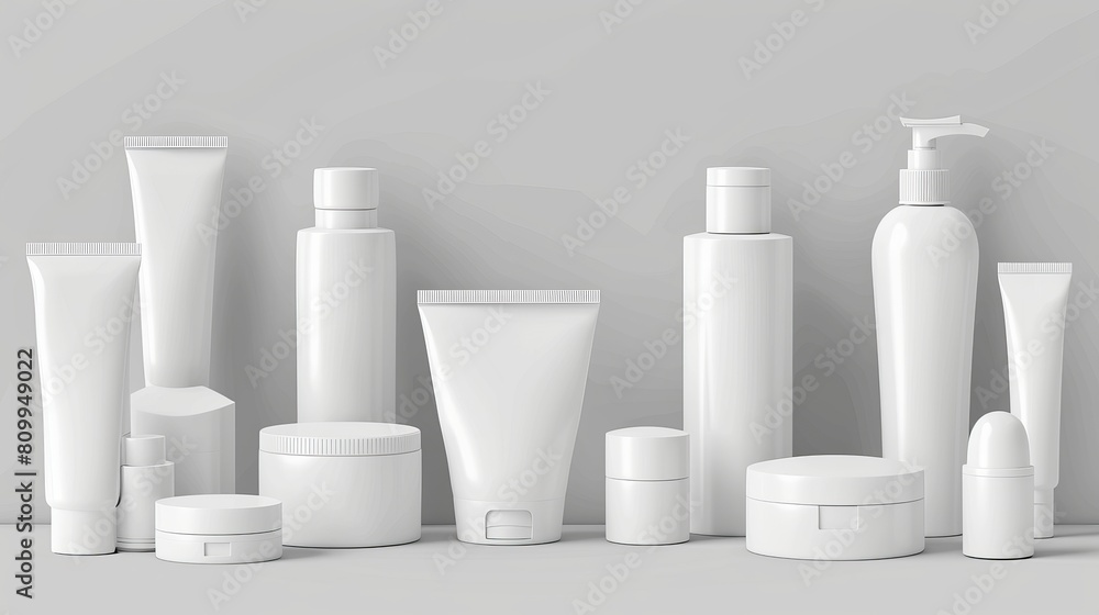 Vector set of realistic 3D mock-ups of empty and clean white plastic cosmetic containers, including bottles with sprays, dispensers, droppers, cream jars, and tubes Vector set of realistic 3D mock-ups of empty and clean white plastic cosmetic containers, including bottles with sprays, dispensers, droppers, cream jars, and tubes