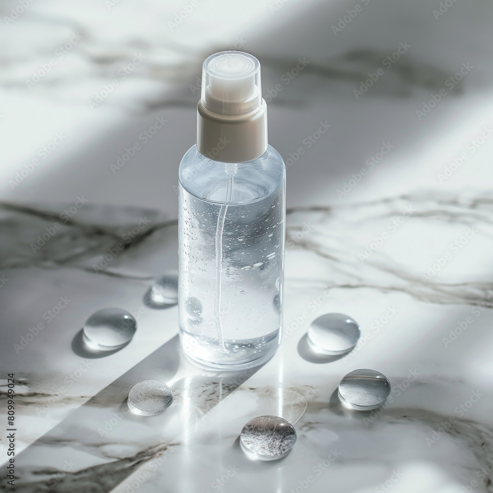 Clear skincare bottle with droplets on a reflective marble surface Clear skincare bottle with droplets on a reflective marble surface