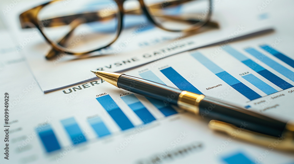 Business analytics with charts, pen, and glasses on a desk Business analytics with charts, pen, and glasses on a desk