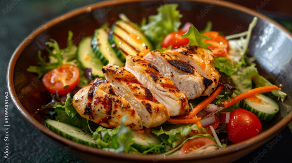 Healthy grilled chicken salad with fresh vegetables and avocado slices, served in a ceramic bowl against a dark background