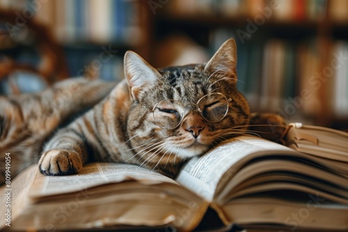 A cat is sleeping on top of a book with glasses on its face