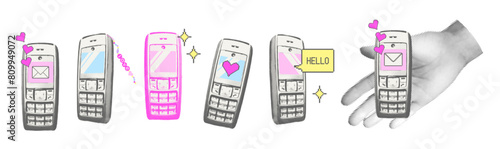Feature phones trendy y2k elements set. Old button dumb mobile phone . Halftone collage with pixel hearts, speech bubble and envelope, nostalgia concept Vector illustration