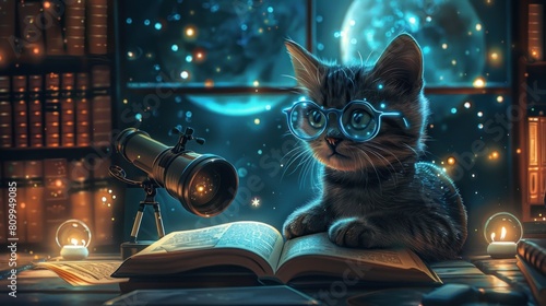 A cat wearing glasses is sitting on a table with a book open in front of it