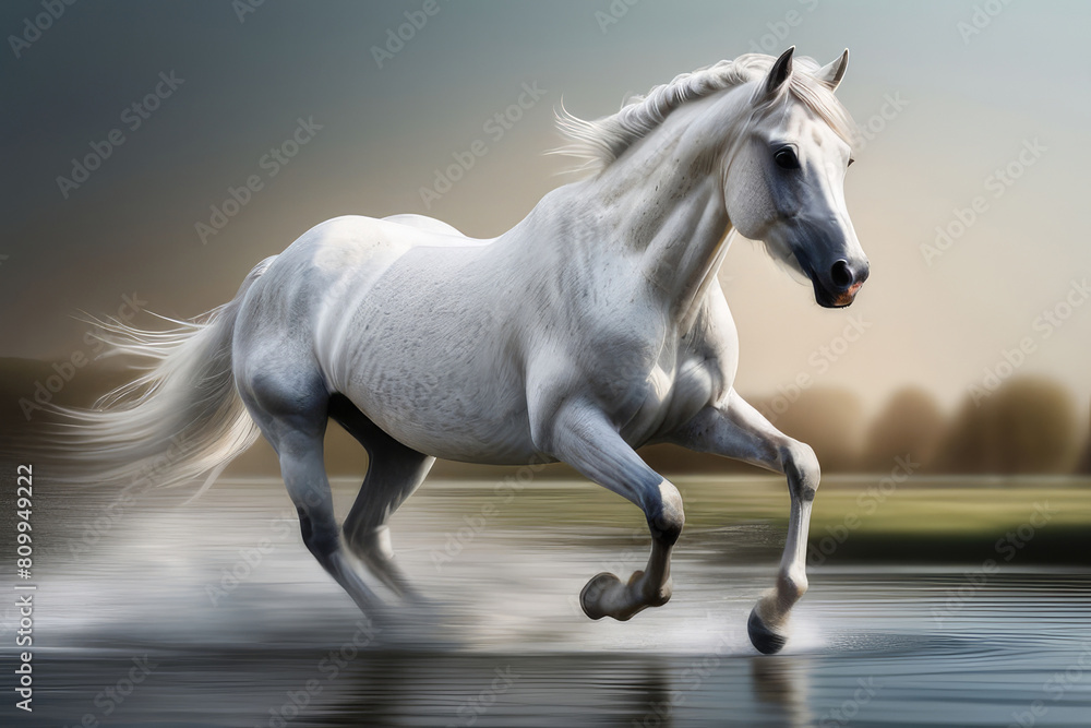 Beautiful white horse galloping in the water in Motion Blur. Beautiful white horse galloping in the water in Motion Blur.