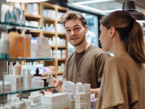 Man working with salesperson to find right moisturizer for his skin.