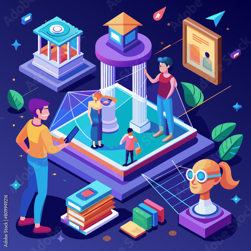 Interactive museum exhibit. Augmented reality and educational technology. Immersive learning experience. Low poly vector illustration with 3D effect on museum background.1