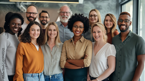 Diverse professional team smiling together in modern office environment