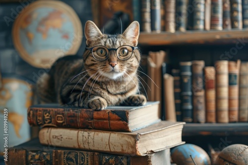 A cat wearing glasses is sitting on top of a stack of books photo