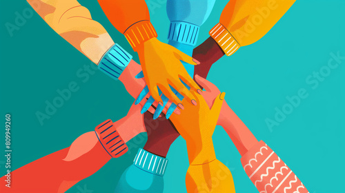 Vibrant illustration of diverse hands joined together in unity on teal background