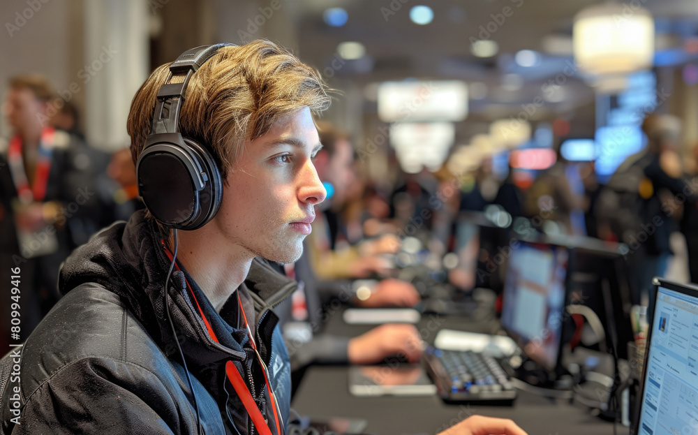 Young Boy Wearing Headphones and Using Laptop Young Boy Wearing Headphones and Using Laptop