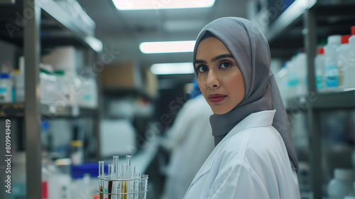 Focused Muslim female scientist in hijab analyzing samples in laboratory