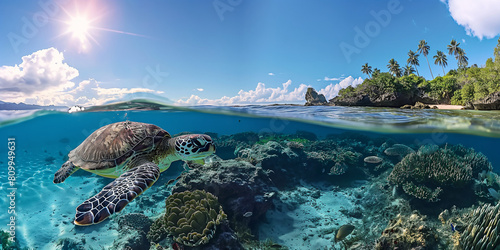 Sea Turtles Gliding Through Coral Reefs in Crystal Clear Waters
