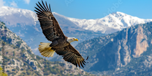 Majestic Eagle Soaring Over Snowy Mountain Landscape