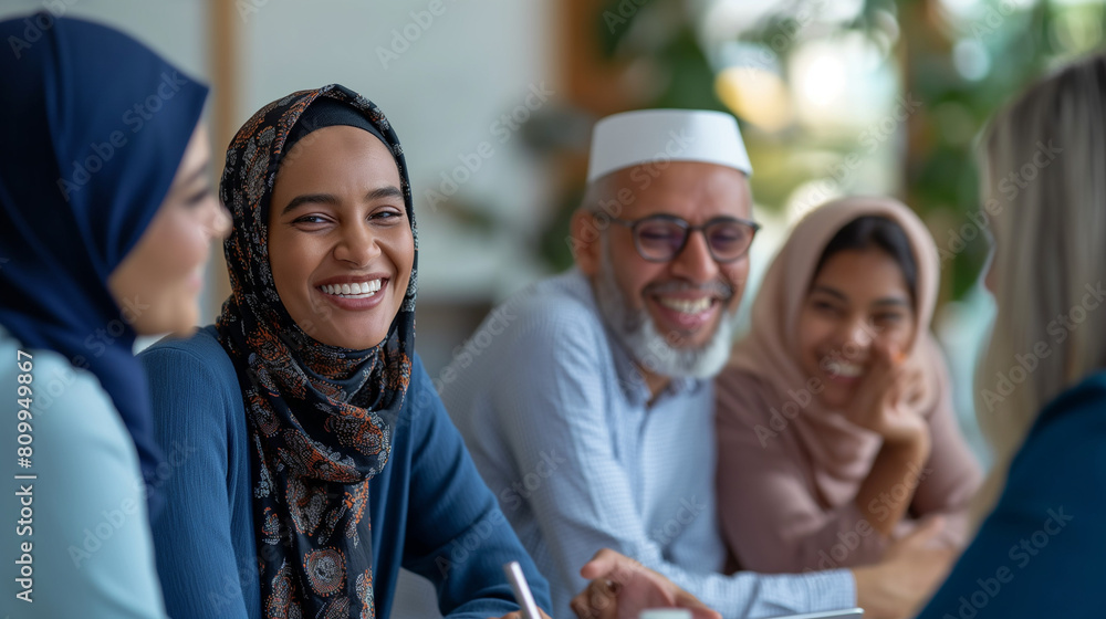 Happy Muslim Family Engaged in Conversation Indoors Happy Muslim Family Engaged in Conversation Indoors