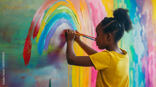 Young Black Girl Painting Rainbow on Wall photo