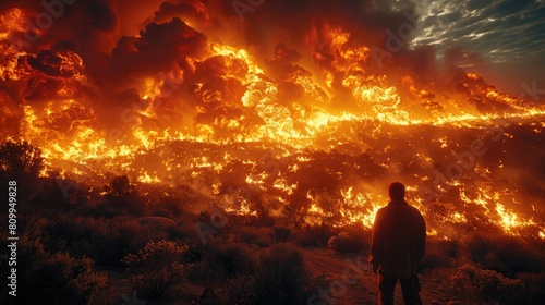 Man Standing in Front of Large Fire © easybanana
