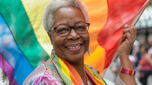 Joyful Elderly Black Woman Holding Rainbow Flag at Pride Parade