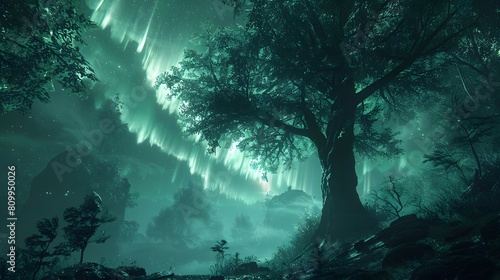 An otherworldly forest with glowing trees and surreal landscapes under a sky of dynamic auroras  captured in 8K